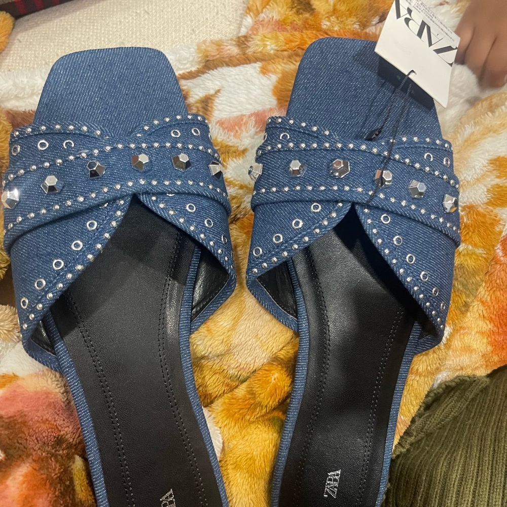 Zara Denim Blue Studded Sandals